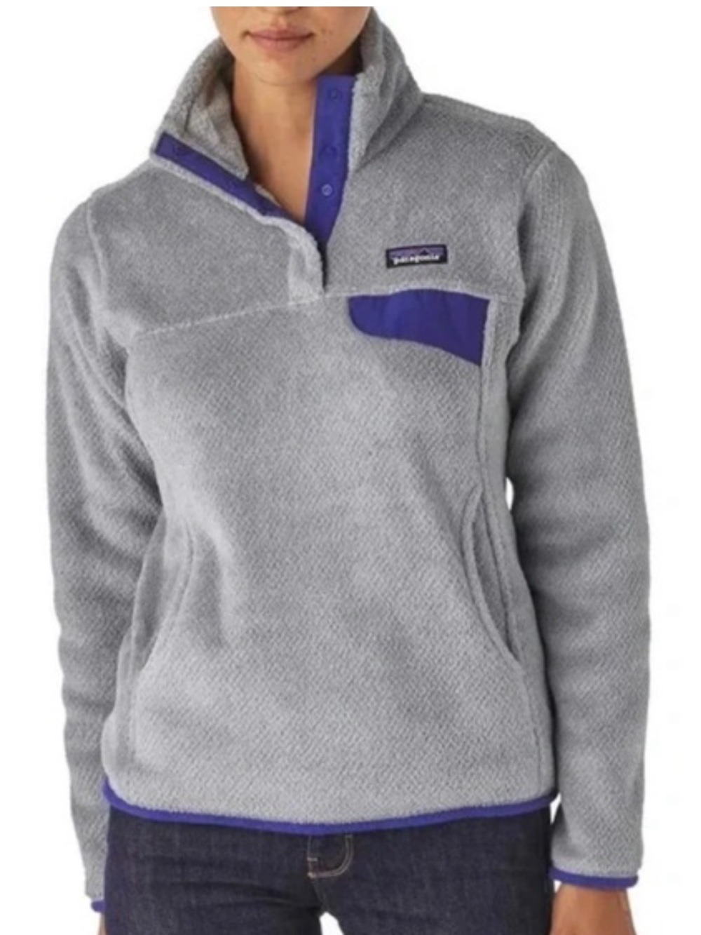Patagonia Women's Re-Tool Snap-T Fleece Pullover Gray Blue Sweatshirt Top XL